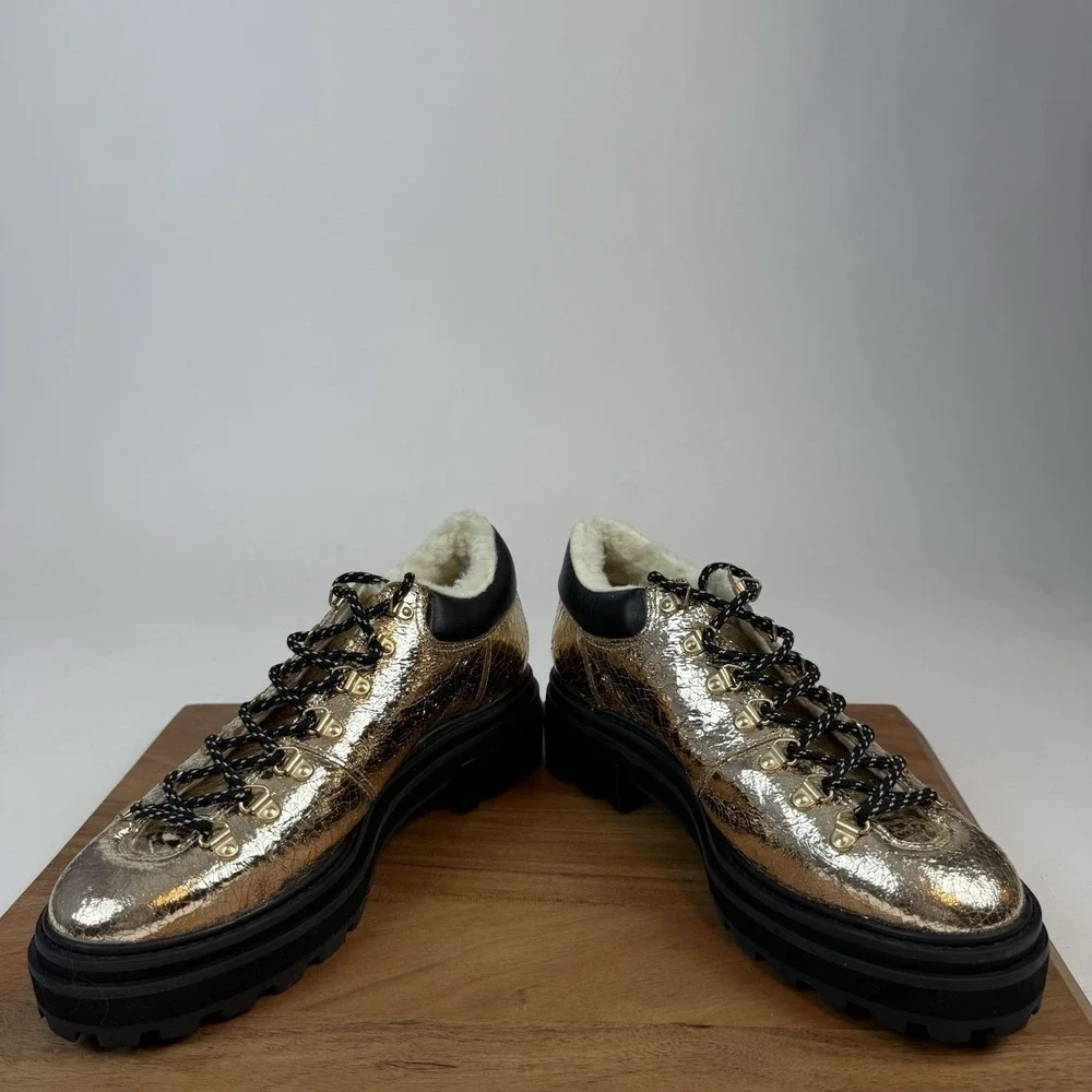 New Womens‎ Schutz Lucille Gold Metallic Leather Lace Up Platform Shoes Size 9.5